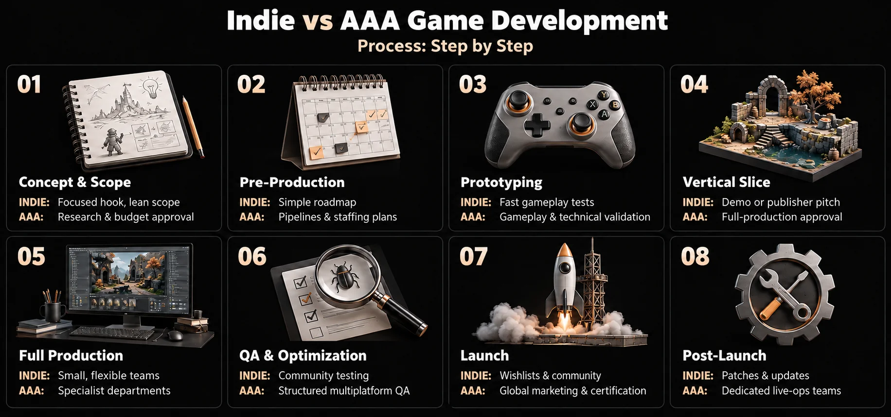 Eight-stage indie-to-AAA development roadmap